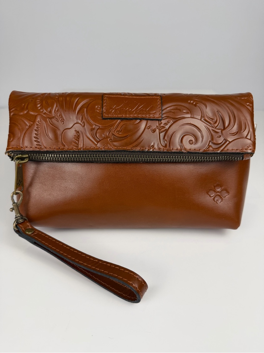 Patricia Nash Valerie Tooled Florence Brown Leather Fold Over Wristlet Clutch